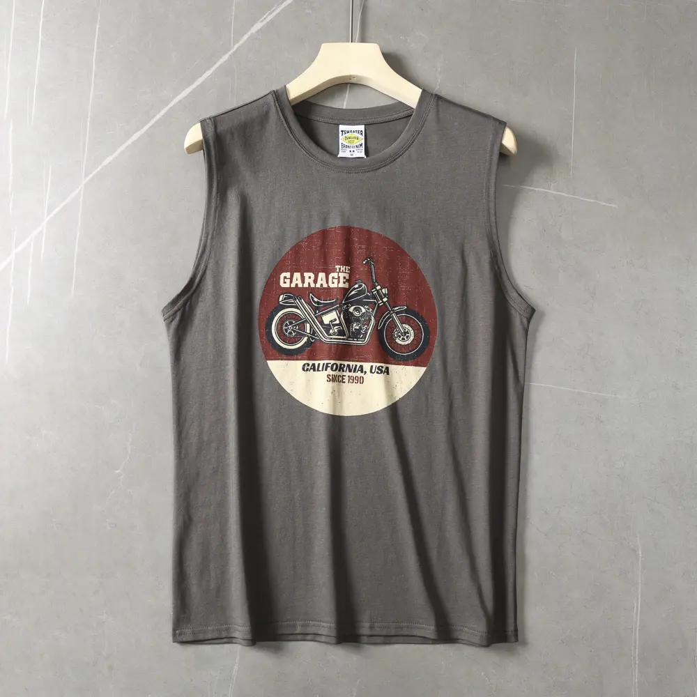 2025 Summer American Retro Sleeveless O-neck Motorcycle Printed T-shirt Men's Fashion 80% Cotton Basketball Sports Casual Vest