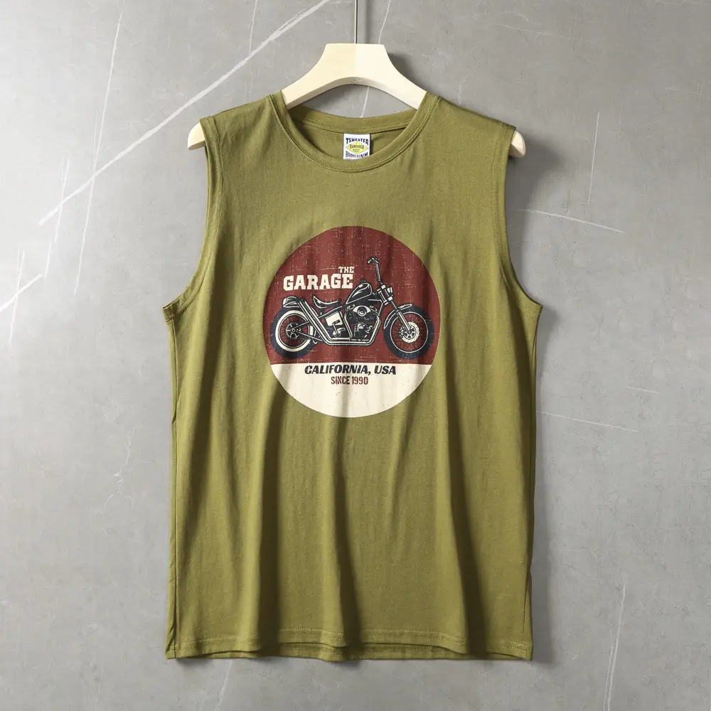 2025 Summer American Retro Sleeveless O-neck Motorcycle Printed T-shirt Men's Fashion 80% Cotton Basketball Sports Casual Vest