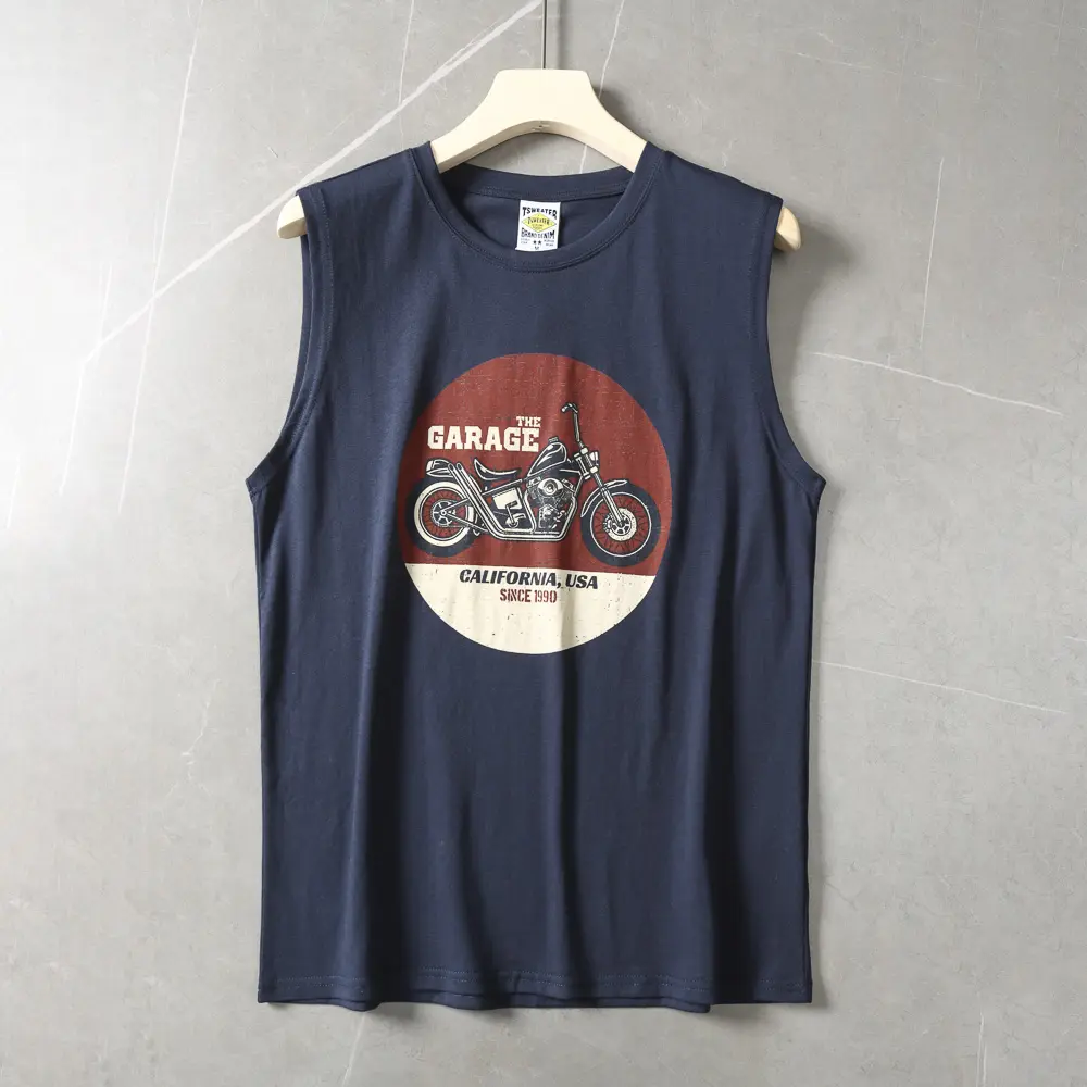 2025 Summer American Retro Sleeveless O-neck Motorcycle Printed T-shirt Men's Fashion 80% Cotton Basketball Sports Casual Vest