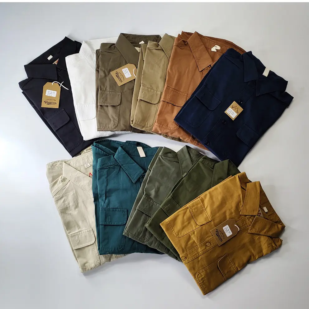 2025 Autumn New American Retro Woven Twill Cargo Shirt Men's Simple 100% Cotton Washed Long Sleeve Double Pocket Casual Blouses