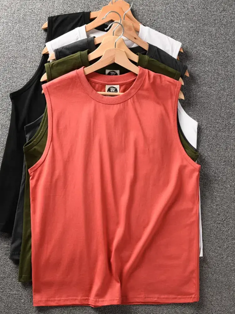 2025 Summer New American Retro Sleeveless O-neck Solid Color T-shirt Men's Fashion 100% Cotton Basketball Sports Casual Vest