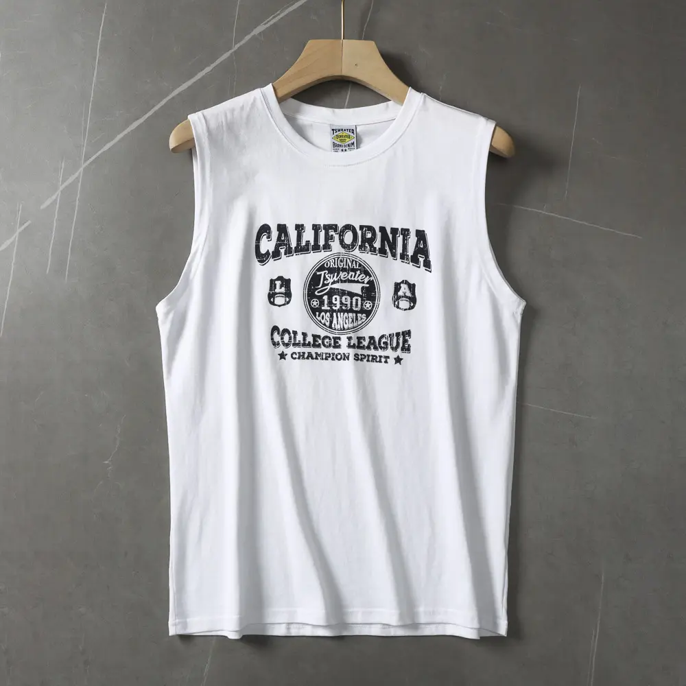 2025 Summer New American Retro Sleeveless O-neck Letter Printed T-shirt Men's Fashion 100% Cotton Basketball Sports Casual Vest