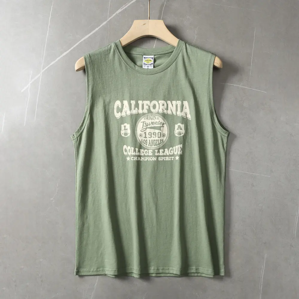 2025 Summer New American Retro Sleeveless O-neck Letter Printed T-shirt Men's Fashion 100% Cotton Basketball Sports Casual Vest