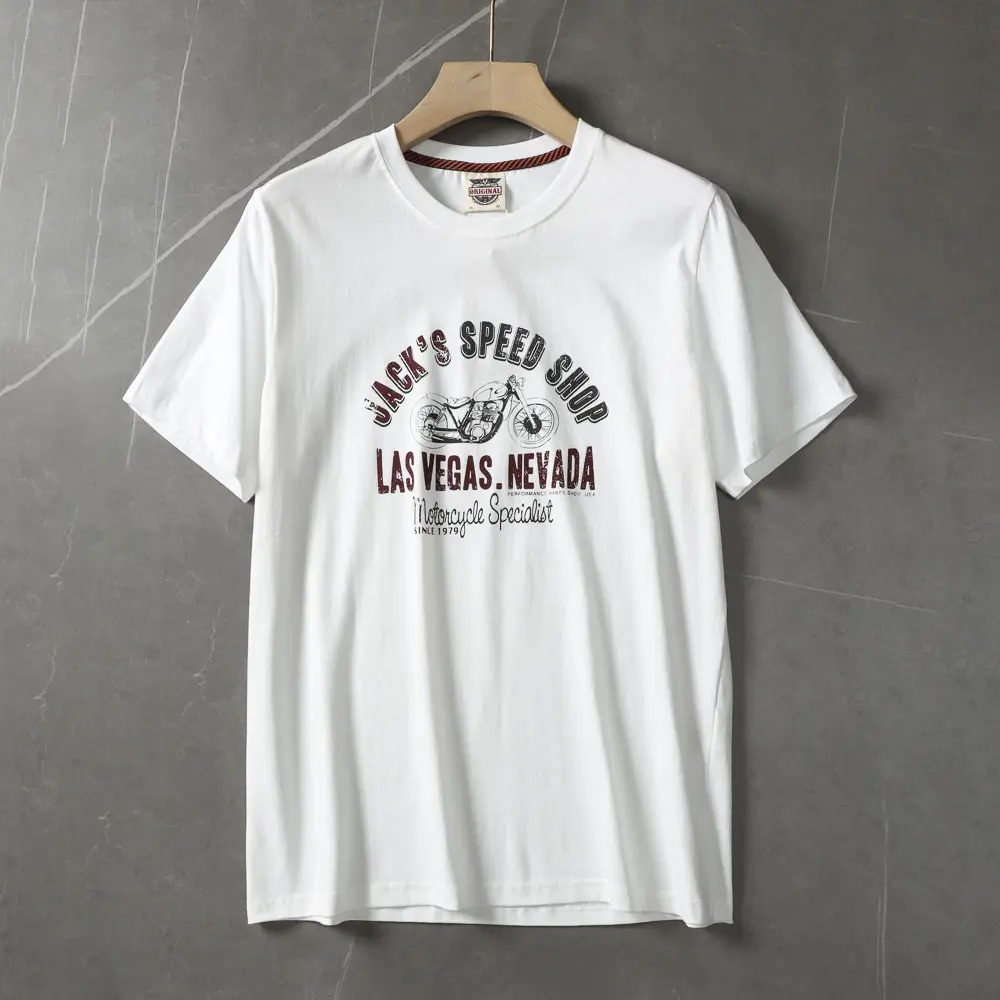 2025 Summer American Retro Short Sleeve O-neck Letter Motorcycle Printed T-shirt Men's Fashion 100% Cotton Washed Casual Tops