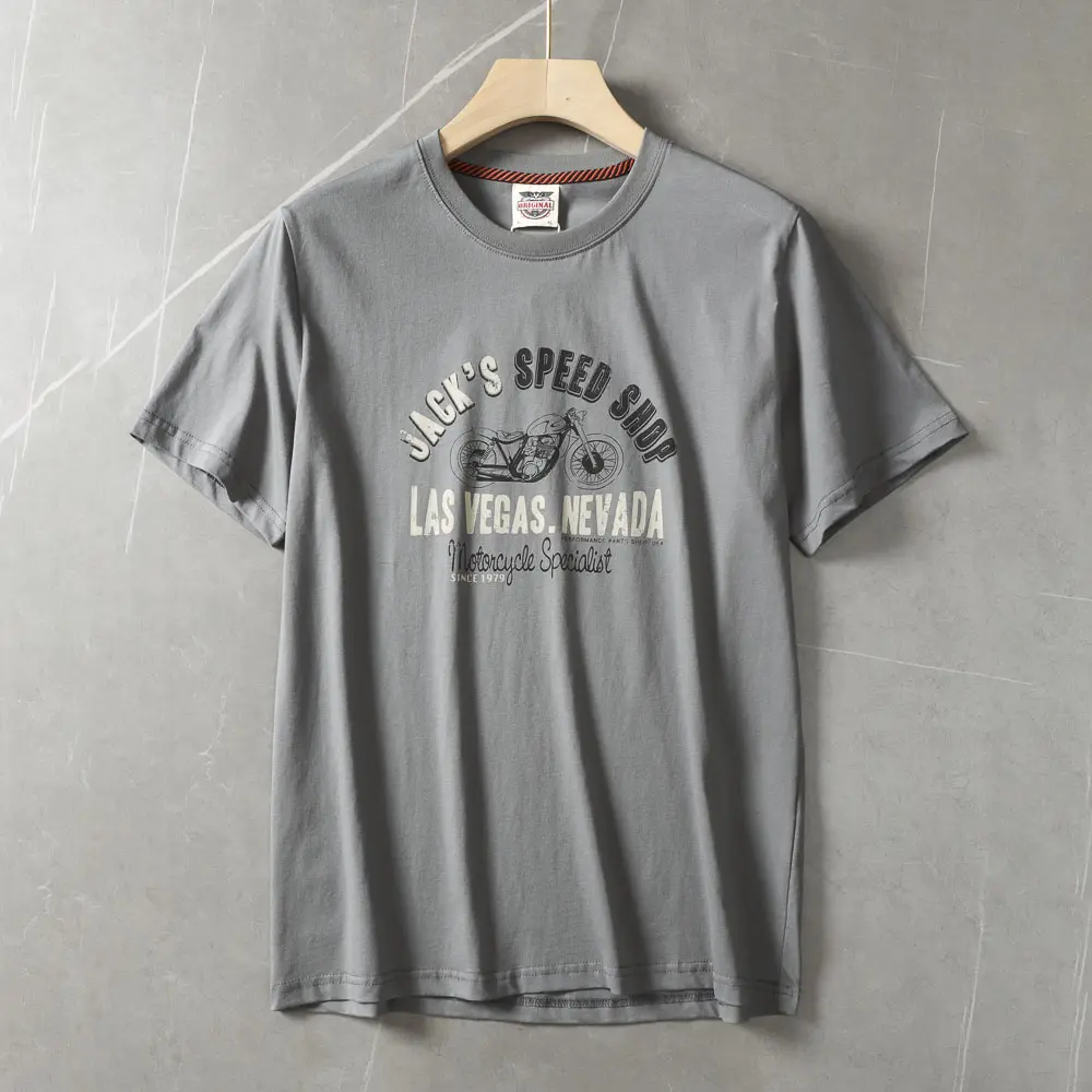2025 Summer American Retro Short Sleeve O-neck Letter Motorcycle Printed T-shirt Men's Fashion 100% Cotton Washed Casual Tops