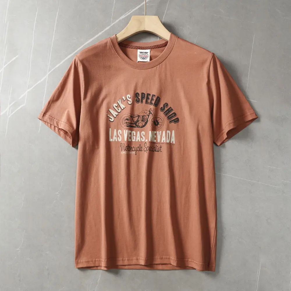 2025 Summer American Retro Short Sleeve O-neck Letter Motorcycle Printed T-shirt Men's Fashion 100% Cotton Washed Casual Tops