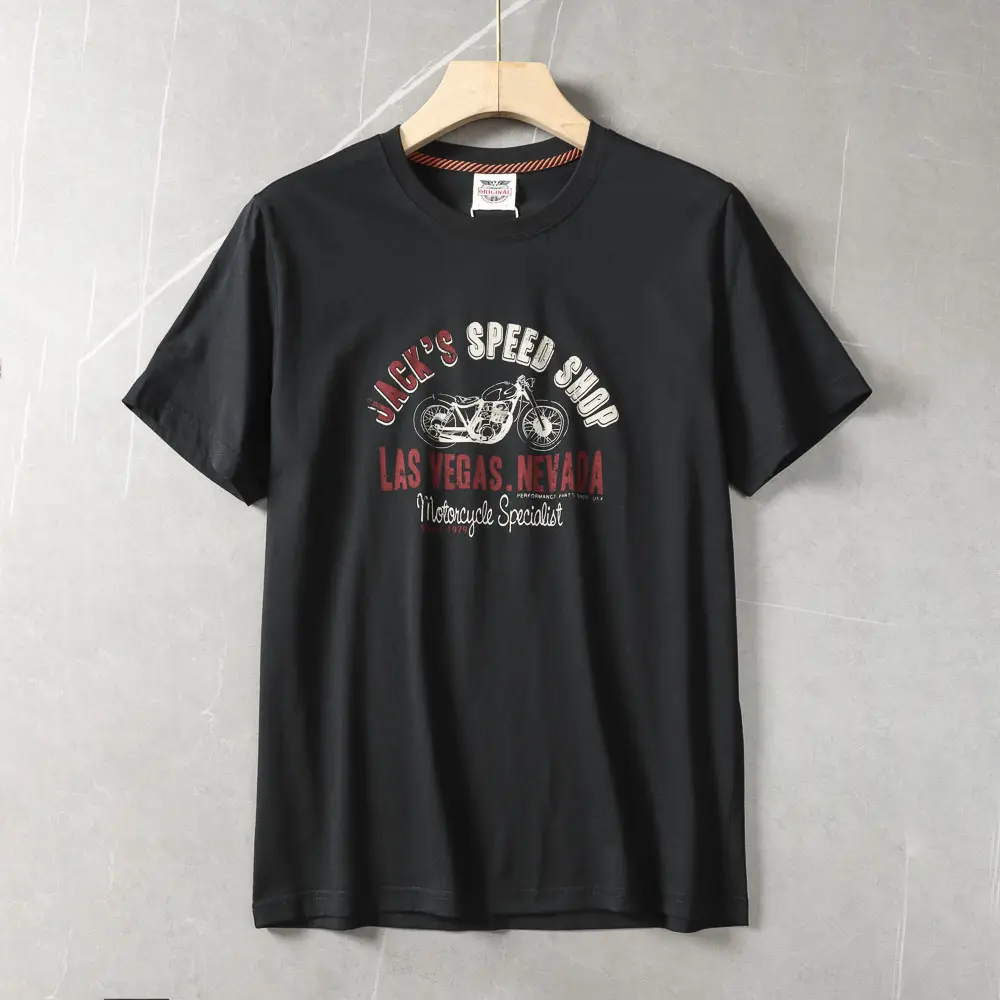 2025 Summer American Retro Short Sleeve O-neck Letter Motorcycle Printed T-shirt Men's Fashion 100% Cotton Washed Casual Tops