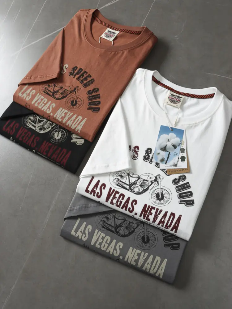 2025 Summer American Retro Short Sleeve O-neck Letter Motorcycle Printed T-shirt Men's Fashion 100% Cotton Washed Casual Tops