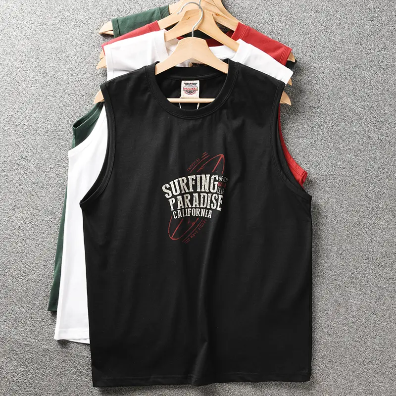 2025 Summer New American Retro Sleeveless O-neck Surfing Printed T-shirt Men's Fashion 82% Cotton Washed Casual Sports Vest