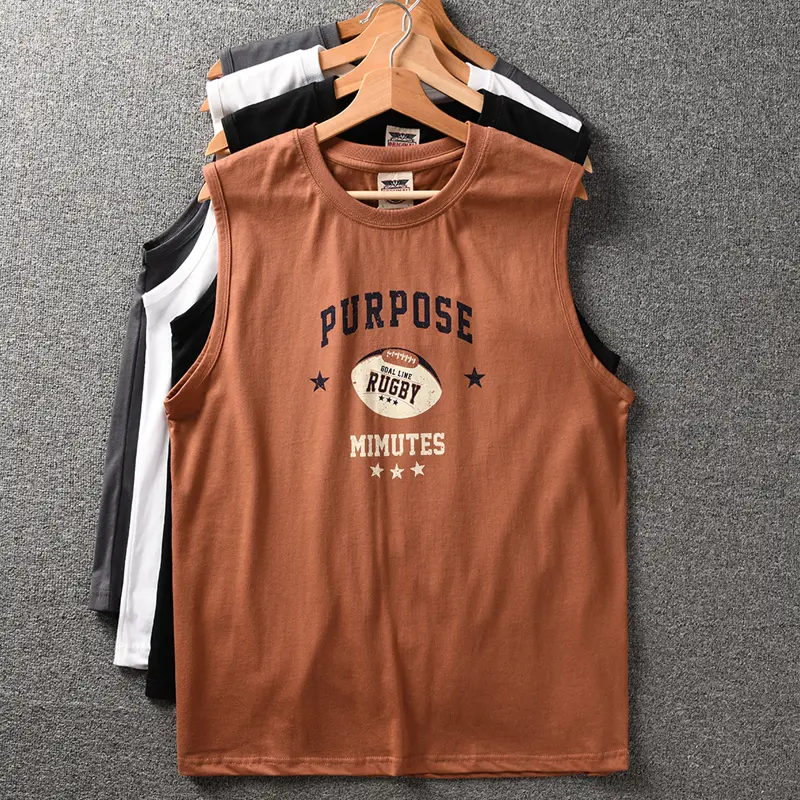 2025 Summer New American Retro Sleeveless O-neck Rugby Printed T-shirt Men's Fashion 100% Cotton Washed Casual Sports Vest Tops