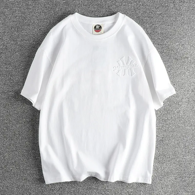2025 Summer New American Retro Short Sleeve 3D Letter Embossed T-shirt Men's Fashion 100% Cotton Washed Youth Casual Sport Tops
