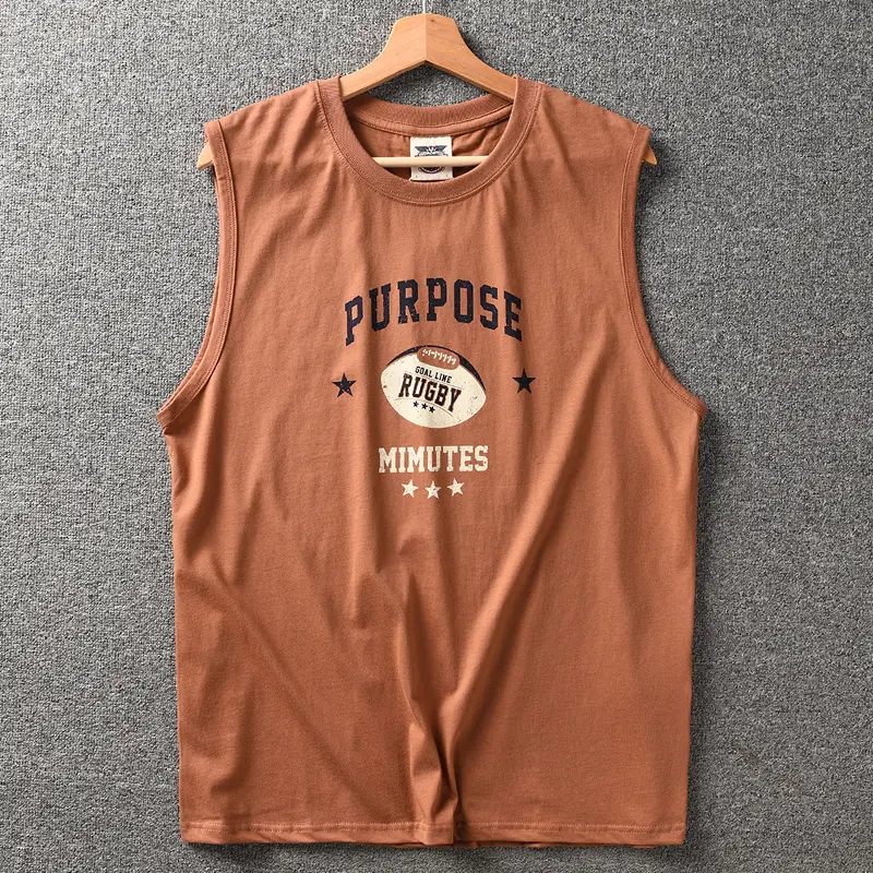 2025 Summer New American Retro Sleeveless O-neck Rugby Printed T-shirt Men's Fashion 100% Cotton Washed Casual Sports Vest Tops