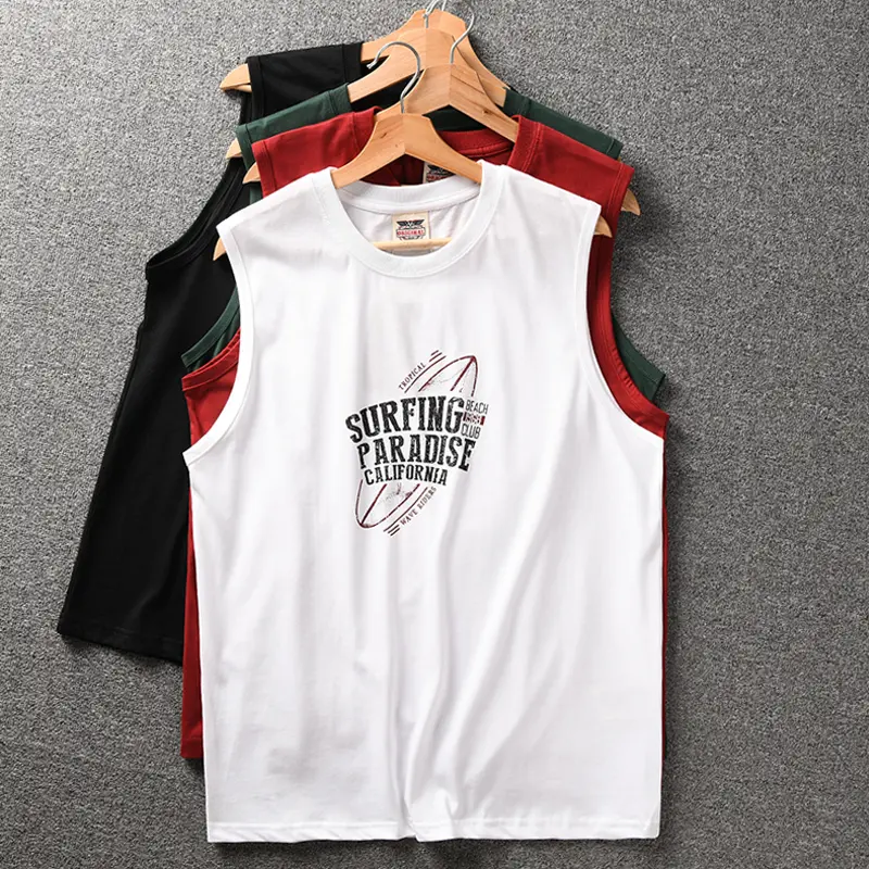 2025 Summer New American Retro Sleeveless O-neck Surfing Printed T-shirt Men's Fashion 82% Cotton Washed Casual Sports Vest