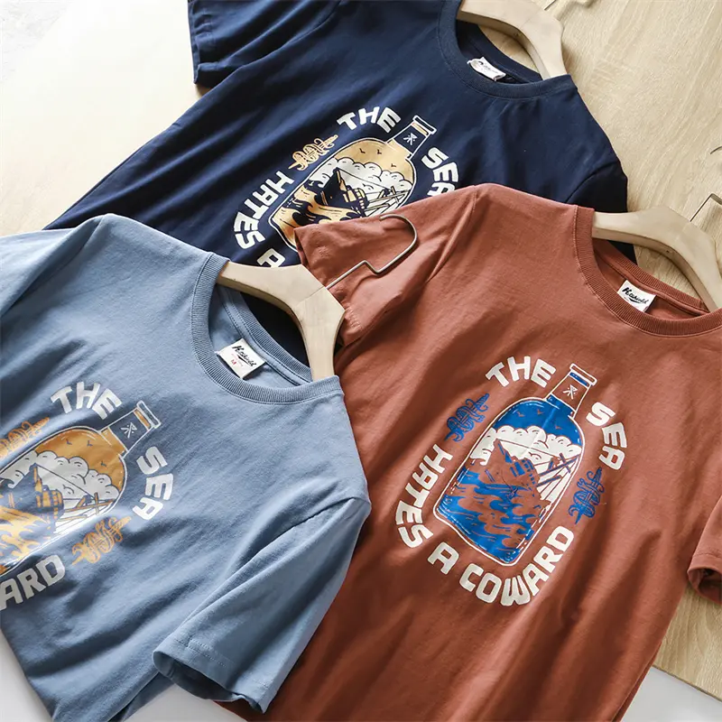 2025 Summer American Retro Short Sleeve O-neck Letter Wine Bottle Printed T-shirt Men's Fashion 100% Cotton Washed Casual Tops
