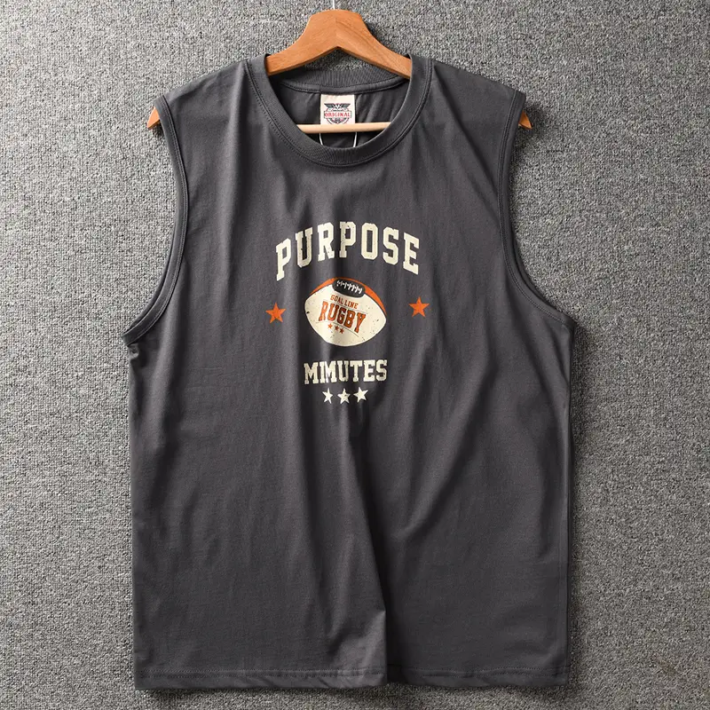 2025 Summer New American Retro Sleeveless O-neck Rugby Printed T-shirt Men's Fashion 100% Cotton Washed Casual Sports Vest Tops
