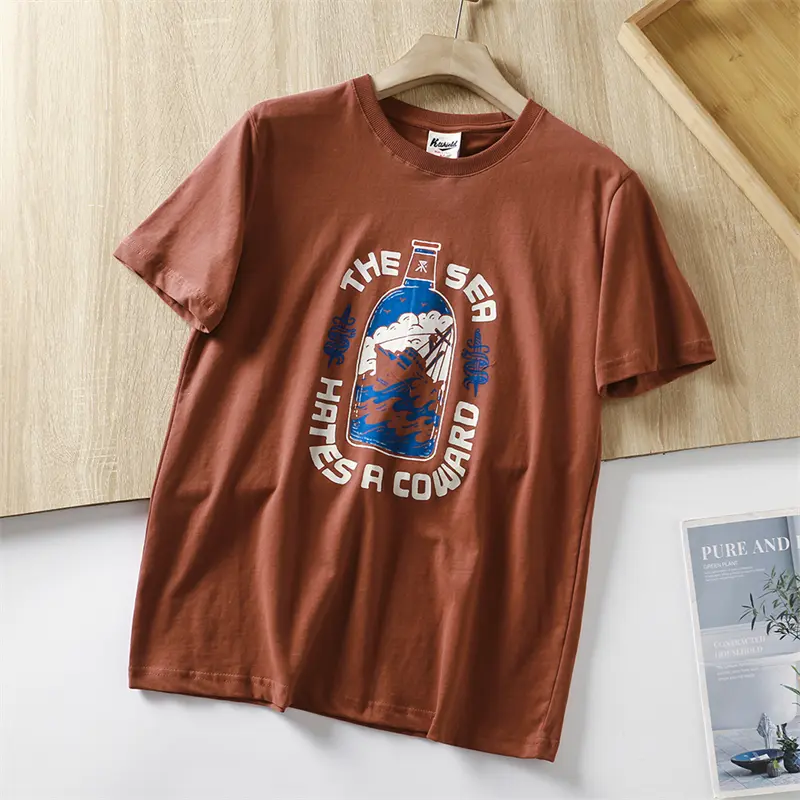2025 Summer American Retro Short Sleeve O-neck Letter Wine Bottle Printed T-shirt Men's Fashion 100% Cotton Washed Casual Tops