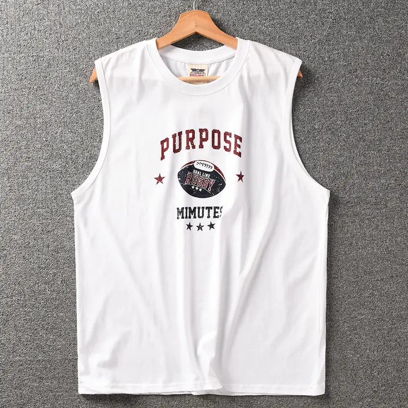 2025 Summer New American Retro Sleeveless O-neck Rugby Printed T-shirt Men's Fashion 100% Cotton Washed Casual Sports Vest Tops