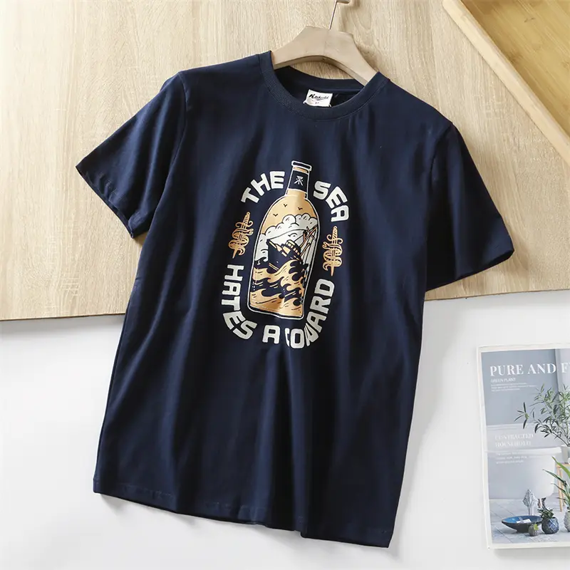 2025 Summer American Retro Short Sleeve O-neck Letter Wine Bottle Printed T-shirt Men's Fashion 100% Cotton Washed Casual Tops
