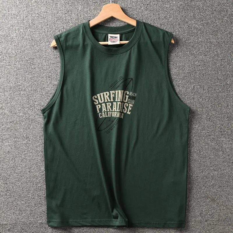 2025 Summer New American Retro Sleeveless O-neck Surfing Printed T-shirt Men's Fashion 82% Cotton Washed Casual Sports Vest