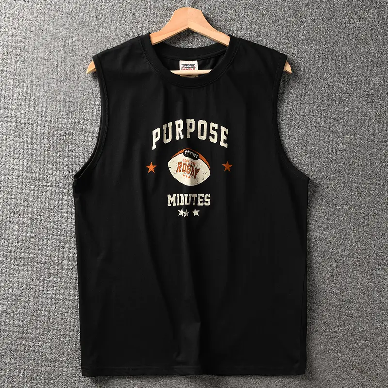 2025 Summer New American Retro Sleeveless O-neck Rugby Printed T-shirt Men's Fashion 100% Cotton Washed Casual Sports Vest Tops