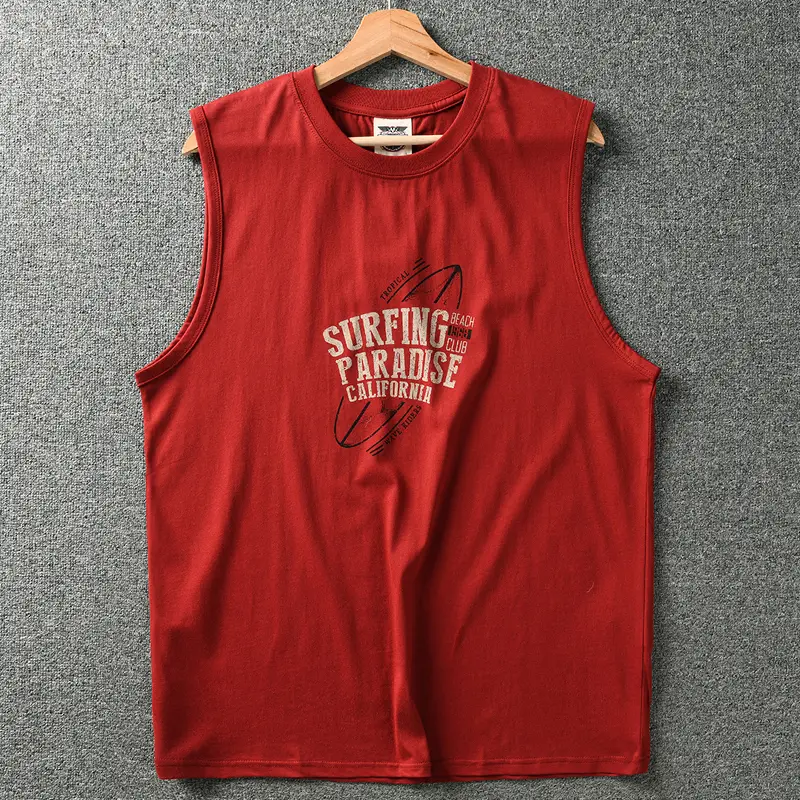 2025 Summer New American Retro Sleeveless O-neck Surfing Printed T-shirt Men's Fashion 82% Cotton Washed Casual Sports Vest