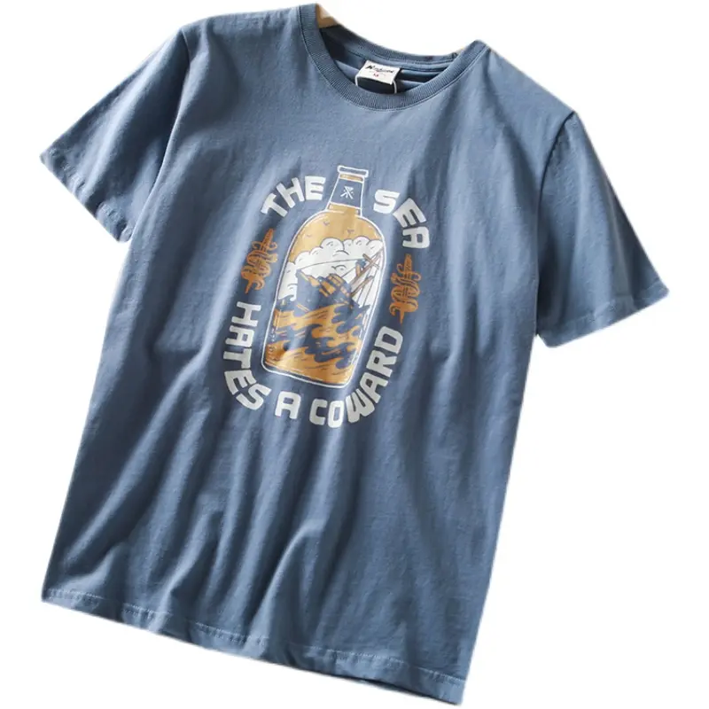 2025 Summer American Retro Short Sleeve O-neck Letter Wine Bottle Printed T-shirt Men's Fashion 100% Cotton Washed Casual Tops