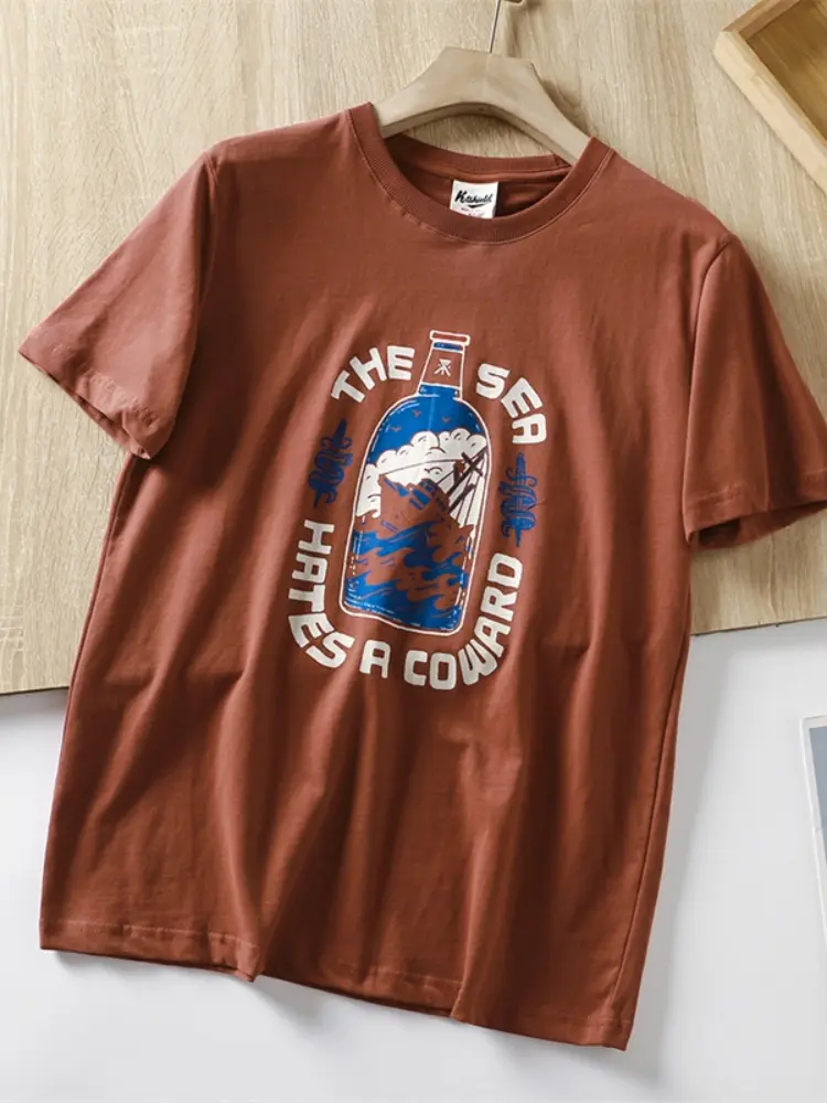 2025 Summer American Retro Short Sleeve O-neck Letter Wine Bottle Printed T-shirt Men's Fashion 100% Cotton Washed Casual Tops