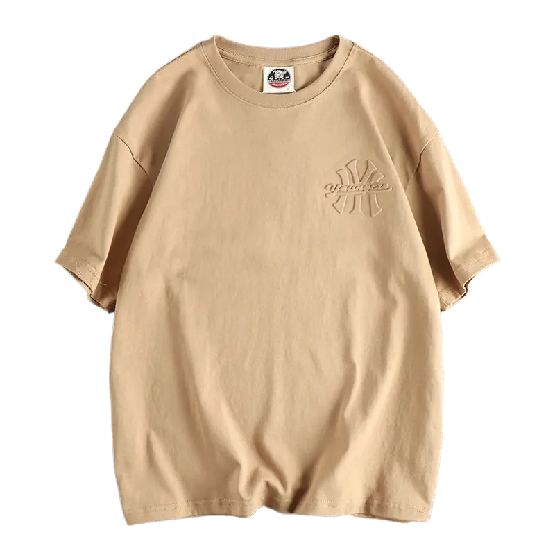 2025 Summer New American Retro Short Sleeve 3D Letter Embossed T-shirt Men's Fashion 100% Cotton Washed Youth Casual Sport Tops