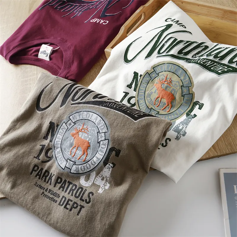 2025 Summer New American Retro Short Sleeve O-neck Letter Deer Printed T-shirt Men's Fashion 100% Cotton Washed Casual Tops