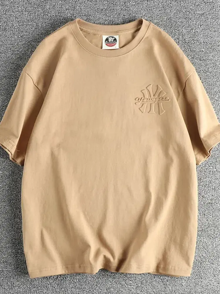 2025 Summer New American Retro Short Sleeve 3D Letter Embossed T-shirt Men's Fashion 100% Cotton Washed Youth Casual Sport Tops