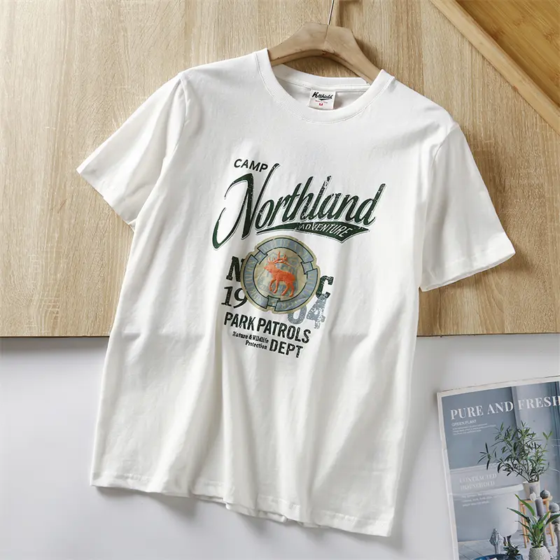 2025 Summer New American Retro Short Sleeve O-neck Letter Deer Printed T-shirt Men's Fashion 100% Cotton Washed Casual Tops