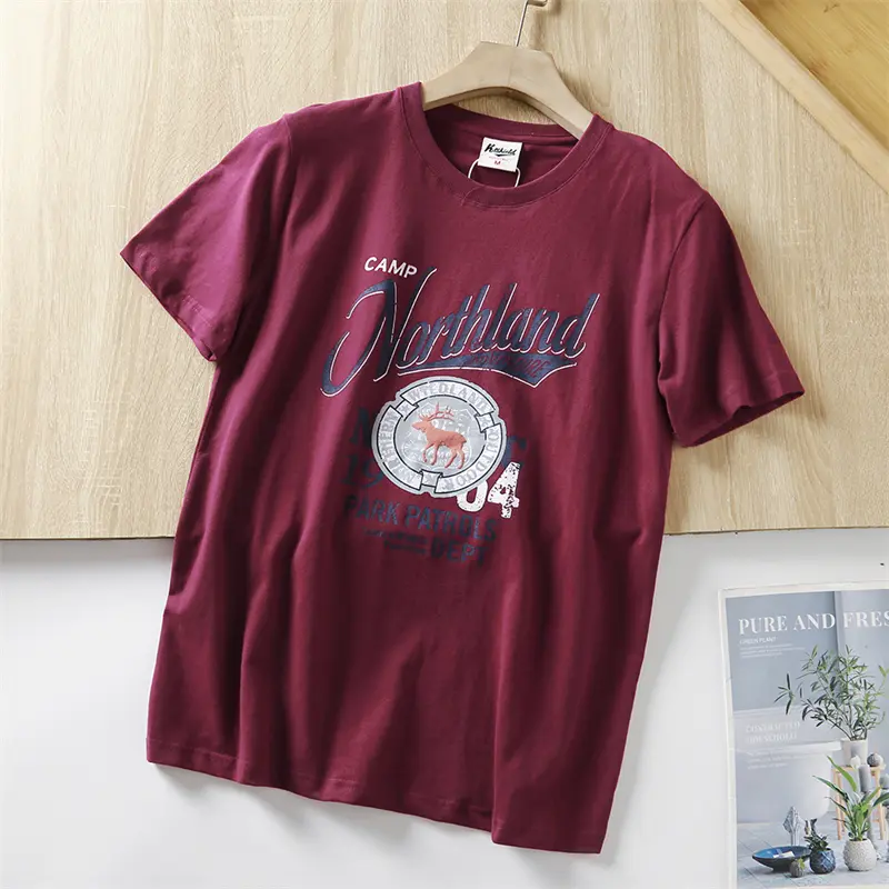2025 Summer New American Retro Short Sleeve O-neck Letter Deer Printed T-shirt Men's Fashion 100% Cotton Washed Casual Tops