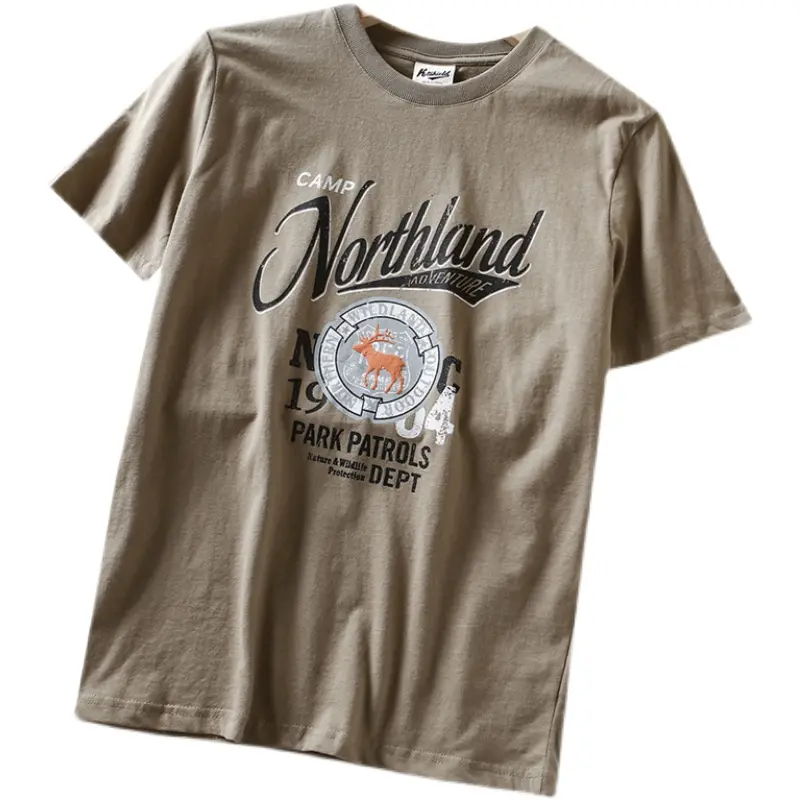 2025 Summer New American Retro Short Sleeve O-neck Letter Deer Printed T-shirt Men's Fashion 100% Cotton Washed Casual Tops