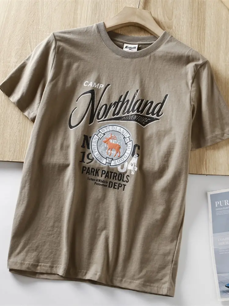 2025 Summer New American Retro Short Sleeve O-neck Letter Deer Printed T-shirt Men's Fashion 100% Cotton Washed Casual Tops