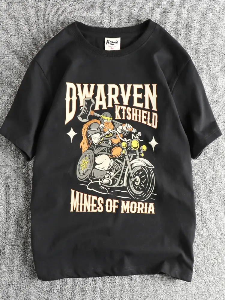 2025 Summer American Retro Short Sleeve O-neck Letter Motorcycle Printed T-shirt Men's Fashion 100% Cotton Washed Casual Tops
