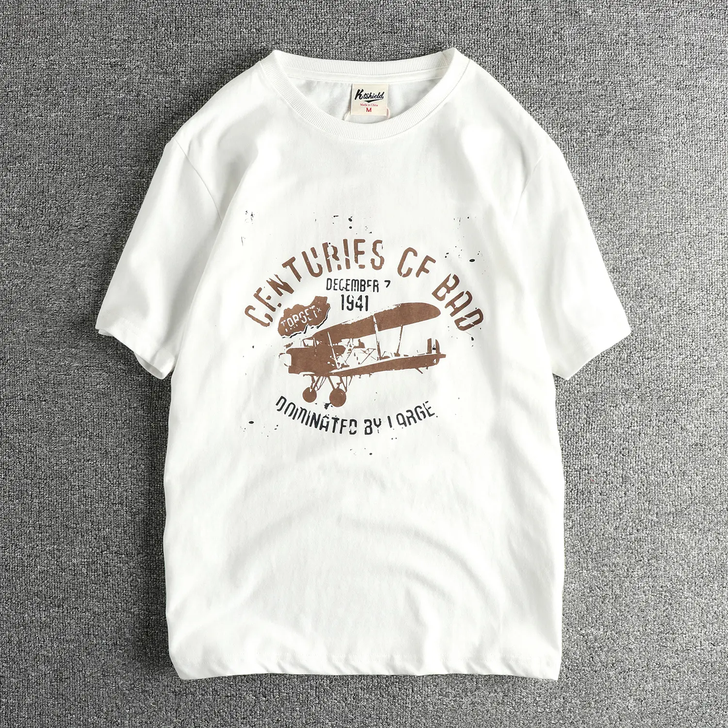 2025 Summer New American Retro Short Sleeve O-neck Letter Aircraft Printed T-shirt Men's Fashion 100% Cotton Washed Casual Tops
