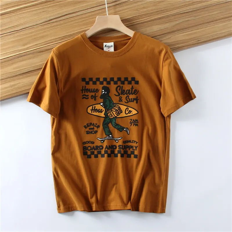 2025 Summer New American Retro 250g Short Sleeve O-neck Printed T-shirt Men's Fashion 100% Cotton Washed Casual Loose Tops