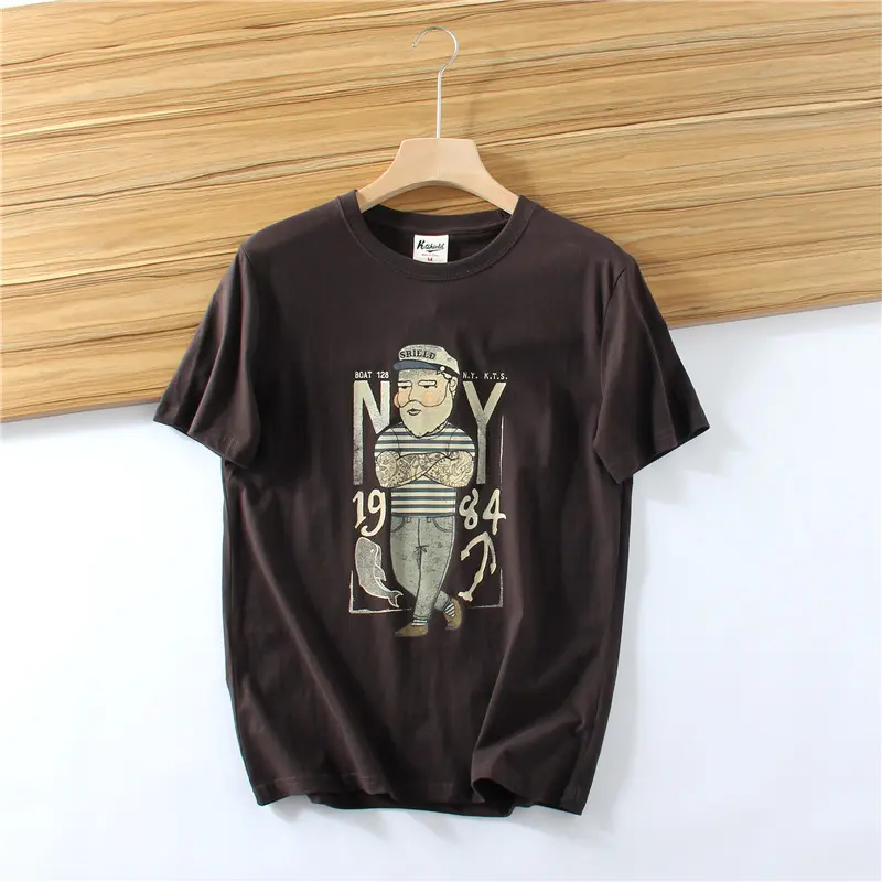 2025 Summer New American Retro 250g Short Sleeve O-neck Printed T-shirt Men's Fashion 100% Cotton Washed Casual Loose Tops
