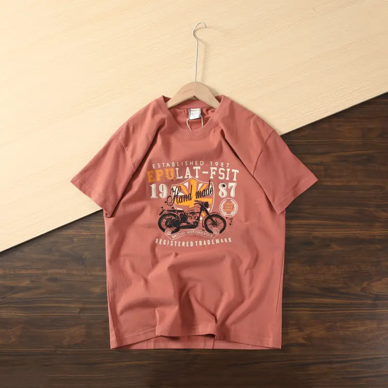 2025 Summer New American Retro Short Sleeve O-neck Printed T-shirt Men's Fashion 100% Cotton Washed Brushed Cloth Casual Tops