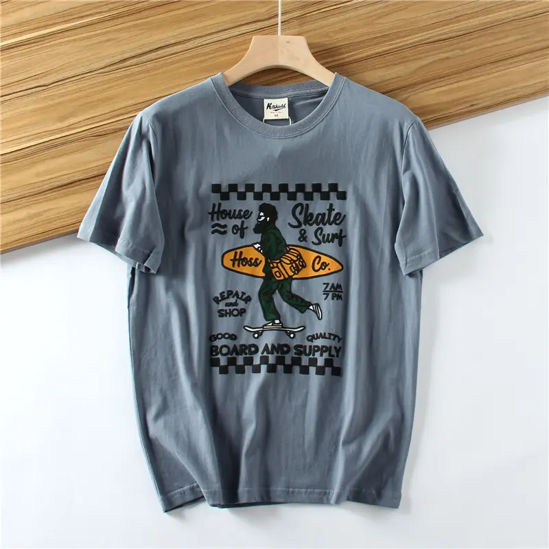 2025 Summer New American Retro 250g Short Sleeve O-neck Printed T-shirt Men's Fashion 100% Cotton Washed Casual Loose Tops
