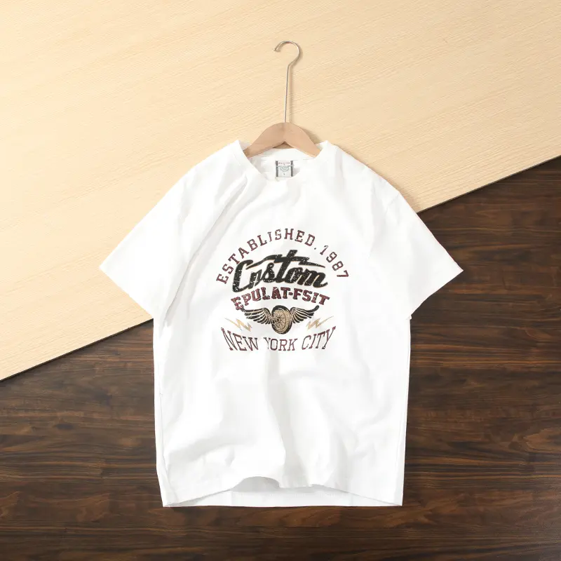 2025 Summer New American Retro Short Sleeve O-neck Printed T-shirt Men's Fashion 100% Cotton Washed Brushed Cloth Casual Tops