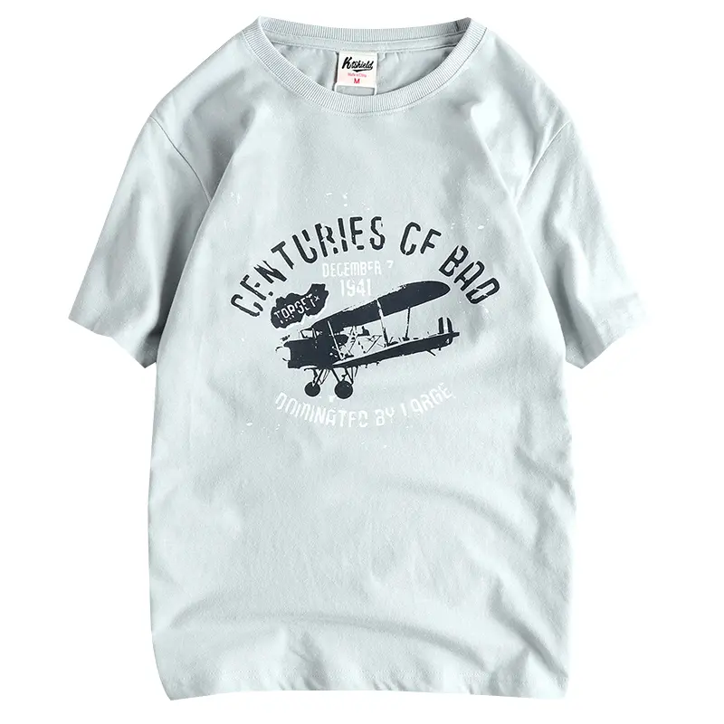 2025 Summer New American Retro Short Sleeve O-neck Letter Aircraft Printed T-shirt Men's Fashion 100% Cotton Washed Casual Tops