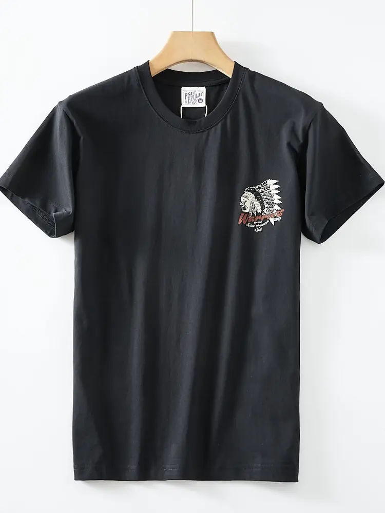 2025 Summer New American Retro Short Sleeve O-neck Chief Printed T-shirt Men's Fashion 100% Cotton Washed Casual Youth Tops
