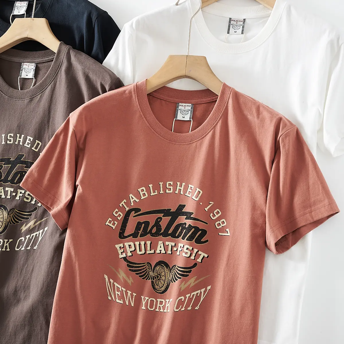 2025 Summer New American Retro Short Sleeve O-neck Letter Wing Printed T-shirt Men's Fashion 100% Cotton Washed Casual Tops