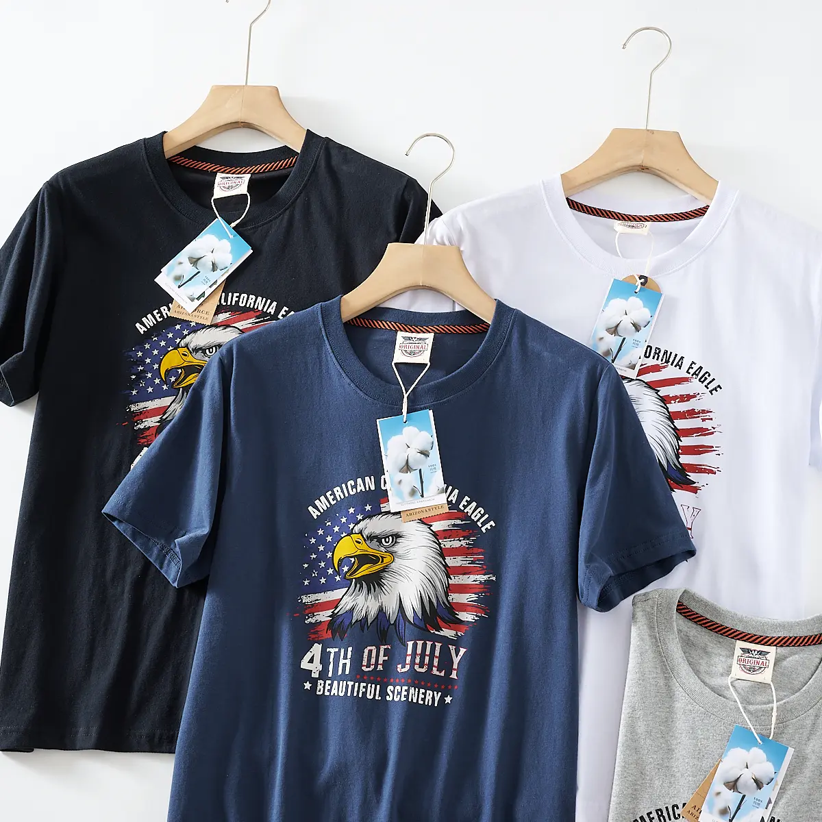 2025 Summer New American Retro Short Sleeve O-neck Letter Eagle Printed T-shirt Men's Fashion 100% Cotton Washed Casual Tops