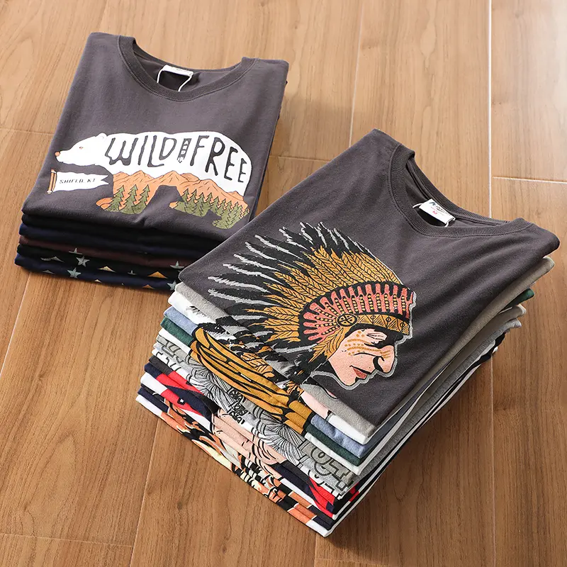 2025 Summer New American Retro 250g Short Sleeve O-neck Printed T-shirt Men's Fashion 100% Cotton Washed Casual Loose Tops