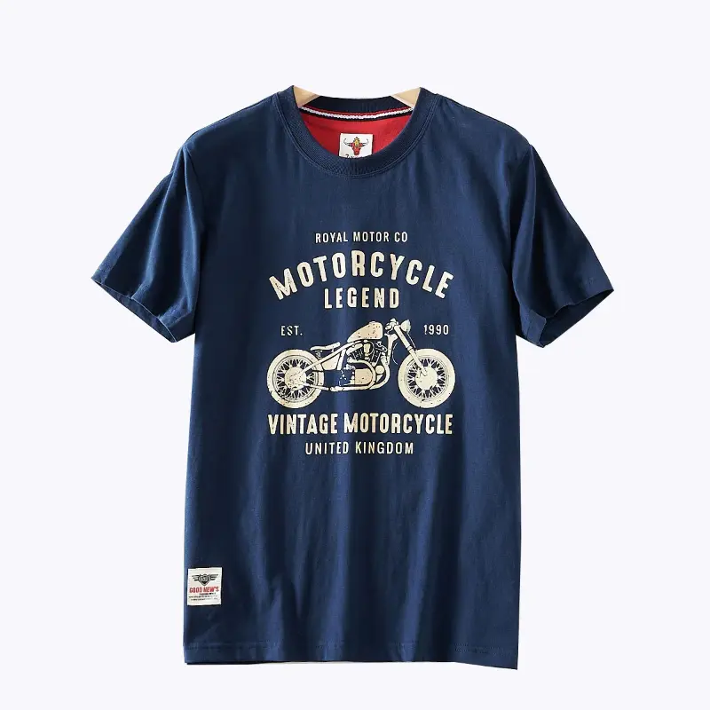 2025 Summer American Retro Short Sleeve O-neck Letter Motorcycle Printed T-shirt Men's Fashion 100% Cotton Washed Casual Tops