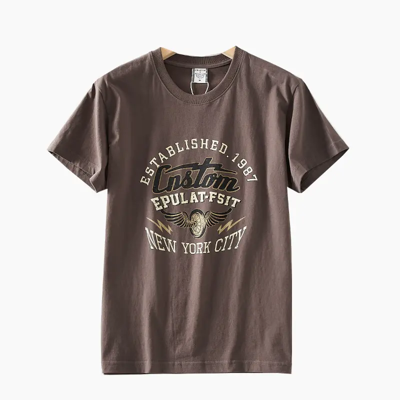 2025 Summer New American Retro Short Sleeve O-neck Letter Wing Printed T-shirt Men's Fashion 100% Cotton Washed Casual Tops