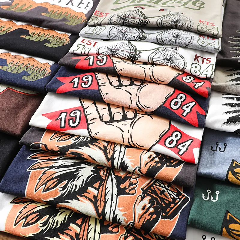 2025 Summer New American Retro 250g Short Sleeve O-neck Printed T-shirt Men's Fashion 100% Cotton Washed Casual Loose Tops