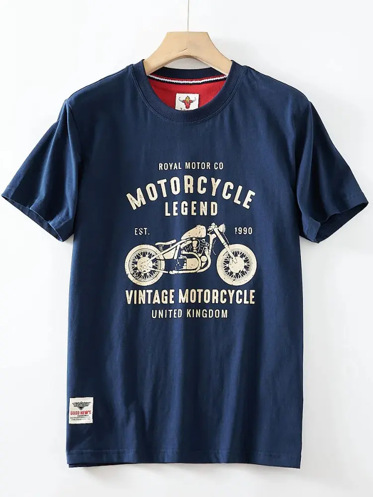 2025 Summer American Retro Short Sleeve O-neck Letter Motorcycle Printed T-shirt Men's Fashion 100% Cotton Washed Casual Tops